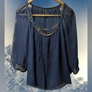 Guess by Marciano Elegant Navy Blouse with Gold Accents Size Medium